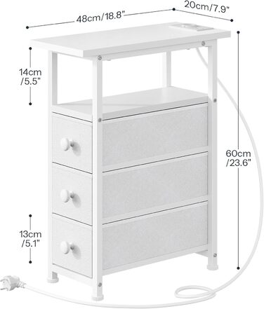 Приліжкова тумба HOOBRO із зарядною станцією, 1 стандартна розетка, 2 USB-порти, вузька бічна тумба, 3 шухляди з нетканого матеріалу, відкрите відділення, для вітальні, спальні, білий EWW482CBZ01