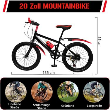 Дюймовий дитячий гірський велосипед для хлопчиків та дівчаток, 7-швидкісний гірський велосипед з бризковиками, пляшкою для води, дзвінком-компасом, вантажопідйомність 85 кг, вік 8-13 років, червоний, 20-