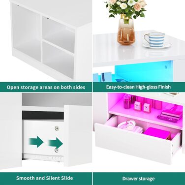 Білий журнальний столик YITAHOME, глянцевий стіл для вітальні з 16-кольоровим світлодіодним підсвічуванням, сучасний бічний столик з відкритою полицею та 2 висувними шухлядами, 95 x 55 x 37 см