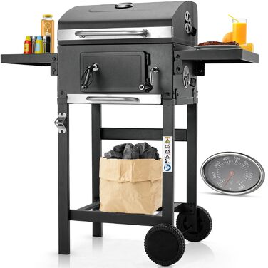 Вугільний гриль з кришкою та візком, BBQ коптильня, мобільний вугільний гриль на 2 колесах, з решіткою, термометром, компактний вугільний гриль-візок, регульований по висоті для кемпінгу та саду