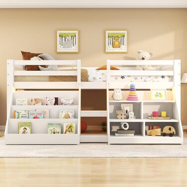 Дитяче ліжко середнього класу 90x200 зі світлодіодним освітленням, односпальне ліжко зі сходами та шафою для зберігання, ліжко з місцем для зберігання, дерев&39яне ліжко, функціональне ліжко, дитяче ліжко із захистом від падіння та рейковим каркасом, біле