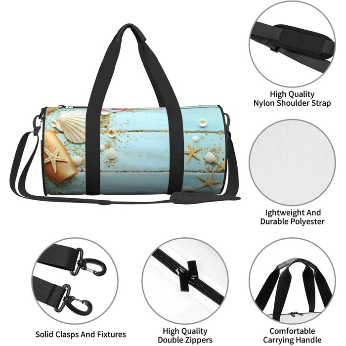 Спортивна сумка, дорожня сумка, пляжна тематика, принт мушлі, сумка на нічліг, чорна, універсальний розмір, сумка для подорожей