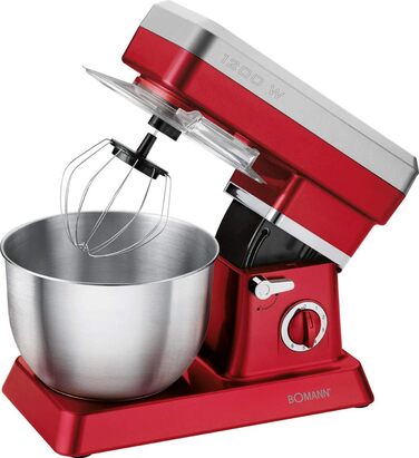 Кухонний комбайн Bomann KM 398 CB, 8 налаштувань швидкості (0/1/2/3/4/5/6 імпульсний), чаша з нержавіючої сталі 6,3 л для приготування тіста 33,5 кг, 1200 Вт, червоний