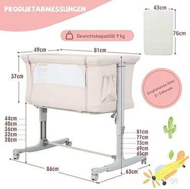 Дитяче ліжечко FANTASK 3-в-1, колиска та дорожнє ліжечко, 5-рівневе регульоване по висоті дитяче ліжечко, відкидне, бежевий колір