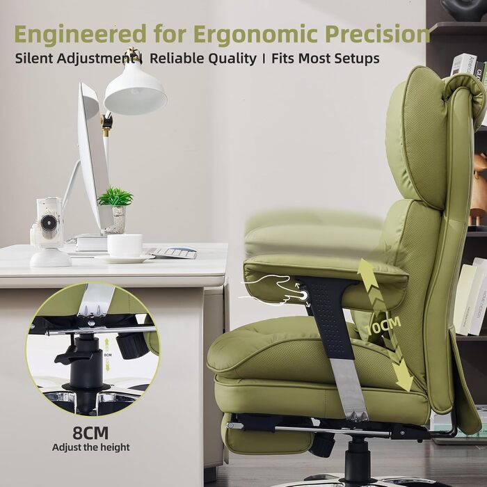 Офісне крісло Efomao, велике та високе крісло зі штучної шкіри X-Embroidery для дому, регульоване ігрове крісло з високою спинкою, поворотне крісло керівника 200 кг з підставкою для ніг та поперековою опорою, оливково-зелене 3070eu-olive Green