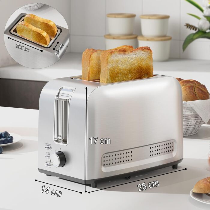 Тостер-2 слоти для тостів, тостер з нержавіючої сталі, тостер на 2 скибочки, 7 рівнів, функція розморожування, функція підігріву,