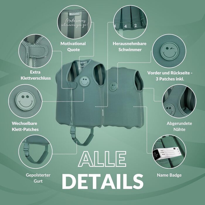 Дитячий рятувальний жилет NOARD Засіб для плавання з більш ніж 40 нашивками для персоналізації Доступний у різних дизайнах та розмірах 1530 кг 26 років Сертифіковано EN 13138-12021 для безпечного навчання плаванню M Просто зелений