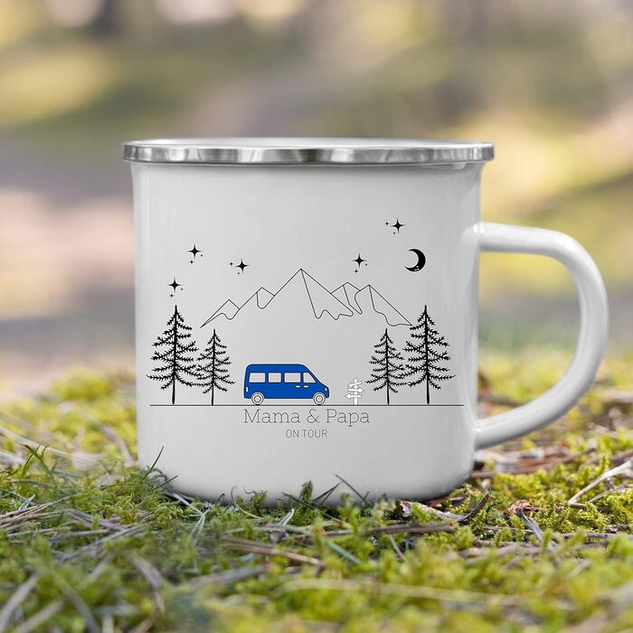 Емальована кружка Маленька Матильда, барвиста персоналізована кемпінгова кружка з іменем для кемпінгу, кавова кружка, аксесуар для каравану, кружка з нержавіючої сталі, подарунок для кемперів (синій колір)