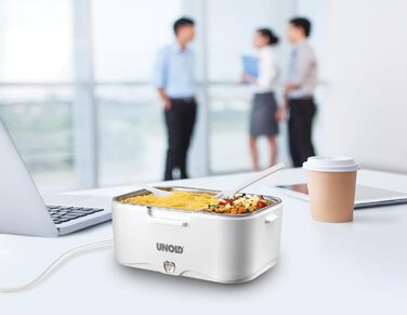 Електричний ланчбокс UNOLD 58850 - білий, 1,5 літра, пластик, для розігріву їжі в дорозі або в офісі, можна мити в посудомийній машині, знімний контейнер з нержавіючої сталі