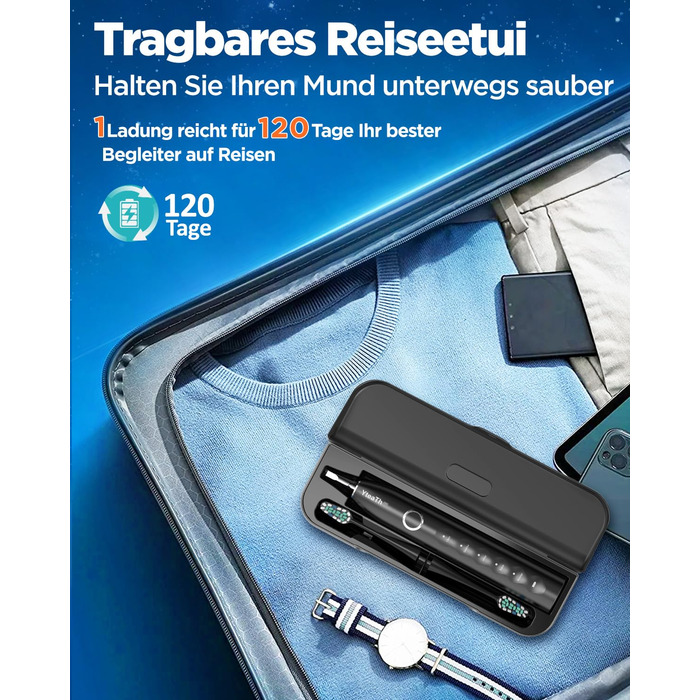 Електрична зубна щітка з 8 насадками (3 типи), звукова зубна щітка для дорослих, з таймером, до 120 днів роботи від акумулятора, 5 режимів чищення, дорожній футляр, настільна зарядна станція, колір чорний