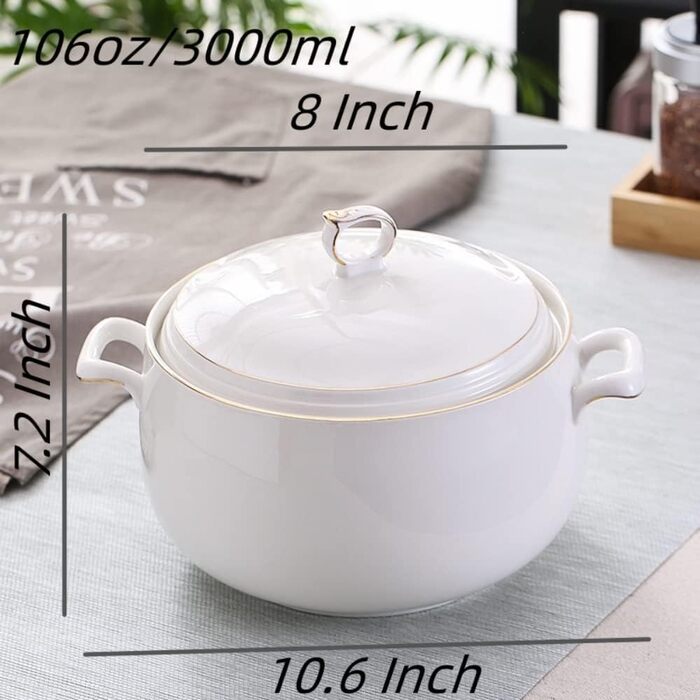 Керамічна супниця з кришкою, 3 л, велика місткість, дверцята для подачі, подвійні ручки, порцеляна, можна мити в посудомийній маши