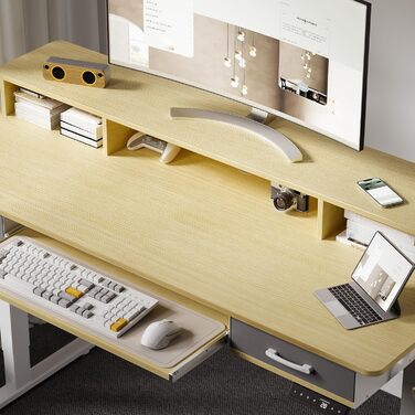 Електричний стіл з регульованою висотою та підставкою для клавіатури, 140x60 см, з 2 шухлядами, комп&39ютерний стіл з підставкою для монітора для домашнього офісу, дуб, 140 x 60 см з підставкою для клавіатури
