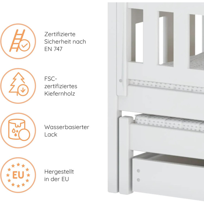 Двоярусне ліжко 90x200 см, дитяче ліжко, підліткове ліжко, двоярусне ліжко для 3 дітей, дві шухляди та поручні, що розкладається на 3 односпальні ліжка від 4 до 16 років вкл. рейкові основи білий 90x200 см, білий - Стиль 1