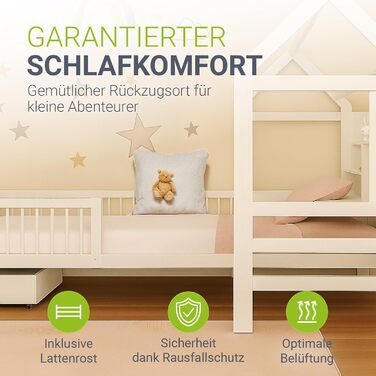 Дитяче ліжко Juskys Yari 90x200 см - Односпальне ліжко з письмовим столом та шухлядою, сосна та міцні матеріали, дизайн &quotГрайливий будиночок&quot - Біле