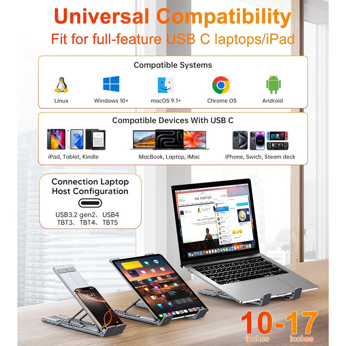 Док-станція USB-C з підставкою для ноутбука/планшета, 8-в-1 HDMI 4K, 2 шт. USB 3.1, PD 100W. Універсальна док-станція для MacBook Pro/Air, Dell, HP, Surface, Lenovo просто підключи та працюй