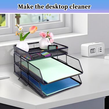 Рівневий сітчастий органайзер, штабелюваний настільний органайзер з верхнім тримачем для канцелярського приладдя, лотки для паперових документів та листів для офісу, школи та дому, чорний 2-рівневий, 2-