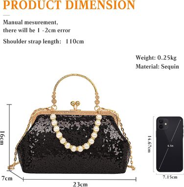 Вечірня сумочка з паєтками, ручної роботи. Перлинний клатч для весілля, розкішна сумочка для нареченої. Елегантна сумка на ланцюжку через плече, блискучий гаманець. Чорний колір.