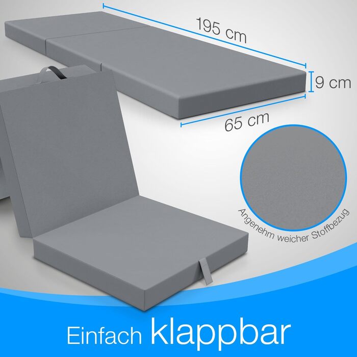 Складаний матрац ELONEO 65x195 см, висота 9 см, складний дитячий матрац, складний гостьовий матрац, складний матрац, дорожній матрац для дітей та дорослих для подорожей та кемпінгу, сірий