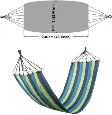 Гамак Бар Гамак 200 х 80 см З навантаженням до 150 кг Бавовна Смугастий Синьо-зелений Багатобарвність для саду Балкон Тераса Кемпінговий гамак Гамак