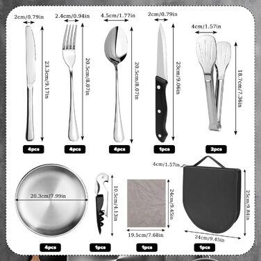 Набір посуду для кемпінгу на 4 особи, набір посуду для активного відпочинку на 22 предмети, столові прибори для кемпінгу з ложкою, виделкою, ножем, затискачем для тарілок, серветки для чищення пікніків, для подорожей (22)