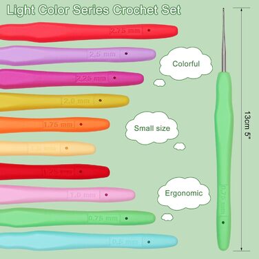 Набір мереживних гачків для вязання Aeelike із 10 предметів, гачки для вязання 0,52,75 мм із барвистою мякою гумовою ручкою, тонкі гачки для вязання з ергономічною тонкою ручкою, маленький набір для вязання гачком для підставок, тканинне мереживо