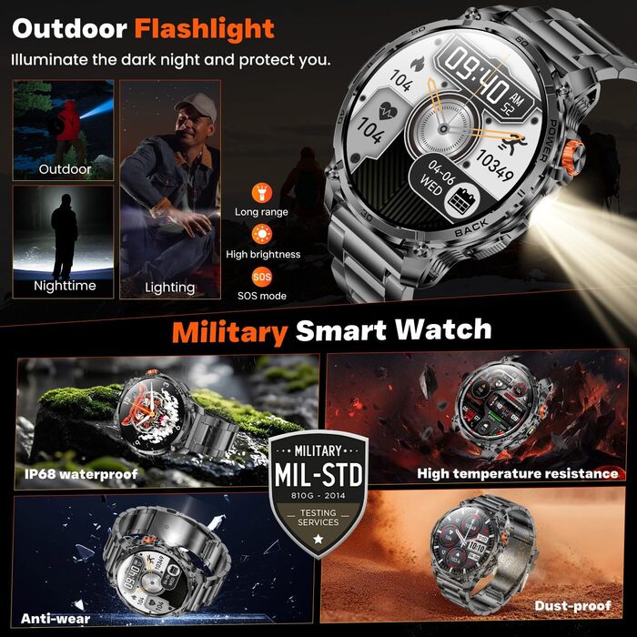Чоловічий смарт-годинник із функцією телефону, годинник для спорту на свіжому повітрі 1,85-дюймовий HD смарт-годинник із пульсом, монітором сну, артеріальним тиском, крокоміром, фітнес-годинником із батареєю 1000 мАг, світлодіодним ліхтариком, сумісний з 