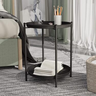Круглий журнальний столик Grand Patio, 2 яруси, для вітальні, спальні, саду, диван-столик, тумбочка, знімний піднос, легке складання, металевий 45x45x53 см (чорний)
