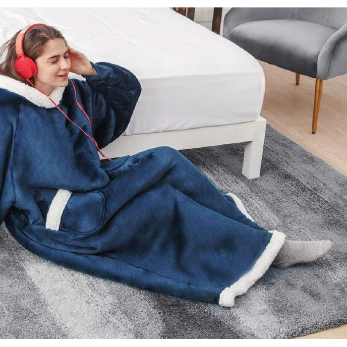 Затишна ковдра з рукавами, Велика м&39яка ковдра з капюшоном, Светр з шерпа-капюшоном для жінок та чоловіків, Пухнаста фланелева ковдра для телевізора з рукавами, Портативна ковдра на все тіло, Синій