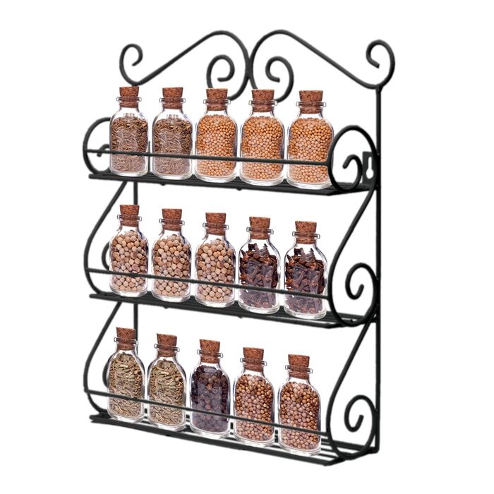Поличка для спецій, кухонна полиця, драбина для спецій, металева з 3 ярусами, органайзер для спецій, настінна полиця, кухонна полиця, тримач для спецій, кухонний органайзер, компактний, настінні полиці для шаф та ванних кімнат (чорні)