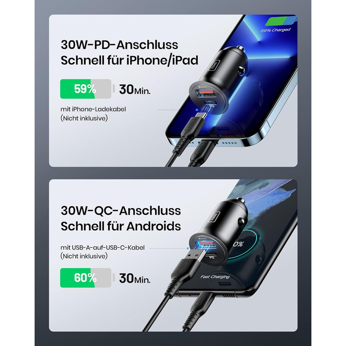 Адаптер для прикурювача, USB C 30W USB A 30W USB розетка 12В, автомобільний зарядний пристрій з двома портами 5А для швидкої заряд