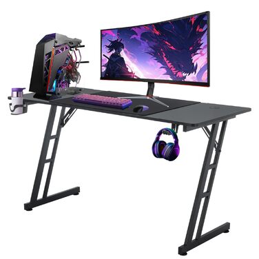 Ігровий стіл, ігровий стіл 120x60 см, комп&39ютерний стіл з підставкою для чашок та гачками для навушників, ергономічний ігровий стіл, Z-подібний ігровий стіл для дому та офісу