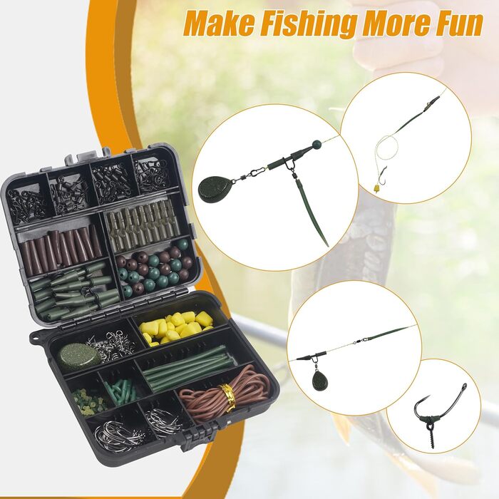 Набір снастей для лову коропа OROOTL, 277 предметів, коробка для риболовлі на коропа з аксесуарами, гачки для лову коропа, вертлюги, запобіжні затискачі, рукави проти заплутування