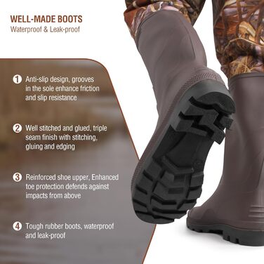 Чоловічі водонепроникні вейдерси, рибальські штани з нейлону/ПВХ з чобітьми, дихаючі вейдерси для риболовлі, полювання, миття автомобіля, фермерства, садівництва, водних видів спорту та активного відпочинку, розмір 40, камуфляж