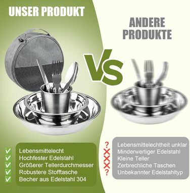 Набір посуду для кемпінгу на 2 особи - нержавіюча сталь 304, тарілки, миски, чашки та столові прибори, чохол та карабін, портативний посуд для пікніків, барбекю та відпочинку на природі (13 предметів)