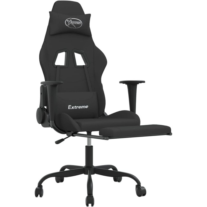 Геймерське крісло з підставкою для ніг, чорна тканина, регульована спинка та поворот на 360 градусів, дихаюче крісло з функцією відкидання та колесами для ергономіки та комфорту, 36 x 45 см (Ш x Г), чорний