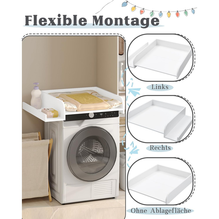 Насадка для пеленального столика WOLTU для пральної та сушильної машин, з бічною полицею та ременем безпеки, біла, 80 x 16,5 x 70 см