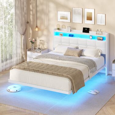 М&39яке ліжко 140x200 см, Ліжко 140 x 200 зі світлодіодним освітленням та зарядною станцією, Каркас ліжка з узголів&39ям, Каркас двоспального ліжка Плаваючий каркас ліжка, Металеве ліжко, ПУ, Сучасне, Біле (без матраца) 140 x 200 см Білий