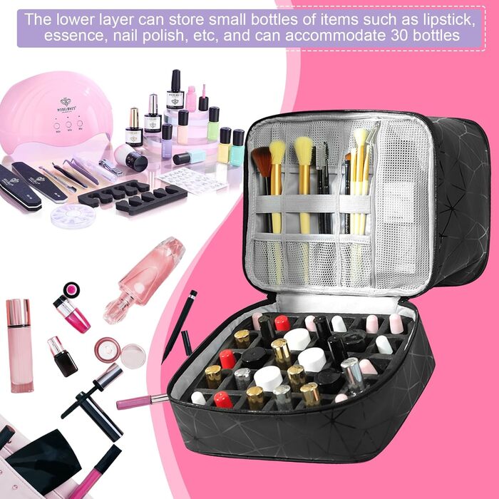 Портативна сумка для зберігання лаку для нігтів HA BIN, двошарова сумка-органайзер для лаку для нігтів на 30 пляшечок 1 лампа, водонепроникна з відділеннями, косметичка для подорожей, чорна