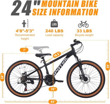 Гірський велосипед SPATIAL 29/27,5/26/24 дюймів, велосипед для активного відпочинку, 2 1/8 передачі, алюмінієва рама Подвійні дискові гальма, регульоване ергономічне сідло для чоловіків, жінок, підлітків, чорний 24 дюйми