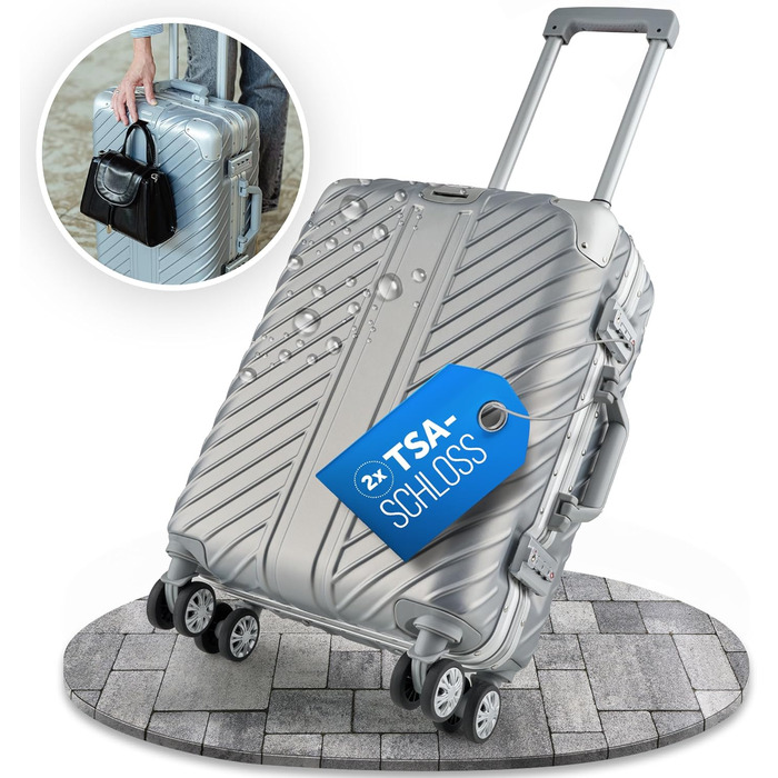 Ручна валіза 55x40x20 см з алюмінієвим каркасом Дорожня валіза на колесах - Надзвичайно стійка валіза на візках з кріпленням для ноутбука ВОДОНОТРИВНА з кутовими захисними накладками (Срібна, ручна поклажа 20 дюймів) Срібна ручна поклажа 20 дюймів
