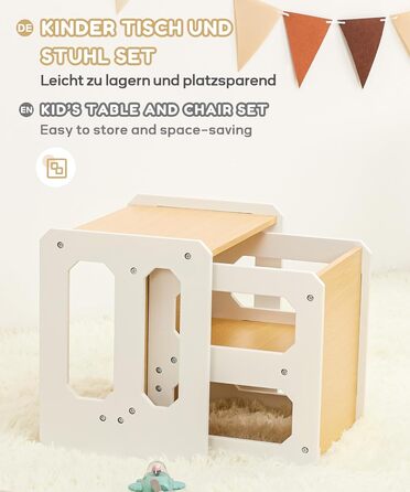 Комплект столу та стільців Yorbay для дітей, Дитячий стіл з 1 стільцем, Комплект дитячих сидінь 3-в-1 - Двосторонній стілець та дитяча лавка, що трансформується в робочу станцію, Дитячі меблі (Натуральний, M) Натуральний середній