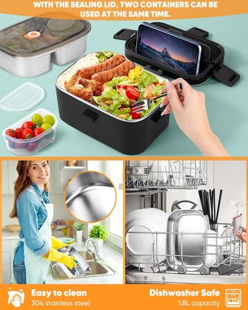 Електричний підігрівач їжі для ланчбоксу Eocolz 100 Вт, підігрівач їжі з подвійним контейнером 1,8 л, портативний підігрітий ланчбокс для автомобіля, вантажівки, роботи, виделка та ложка з нержавіючої сталі 12/24/110 В для дорослих, чорний - 1,8 л