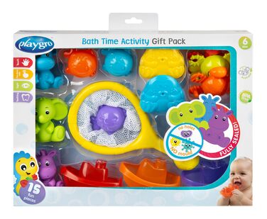 Набір для купання Playgro, 15 предметів іграшки для ванни, сітка для зберігання, тварини та кораблики, подарунок для малюків від 6 місяців