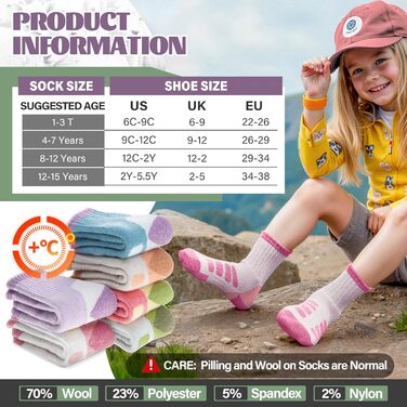Пар дитячих туристичних шкарпеток з мериносової вовни для хлопчиків, дівчаток та малюків, зимові утеплені товсті шкарпетки-чоботи на теплій підкладці для походів, розміри 29-34, світла клітинка, 6