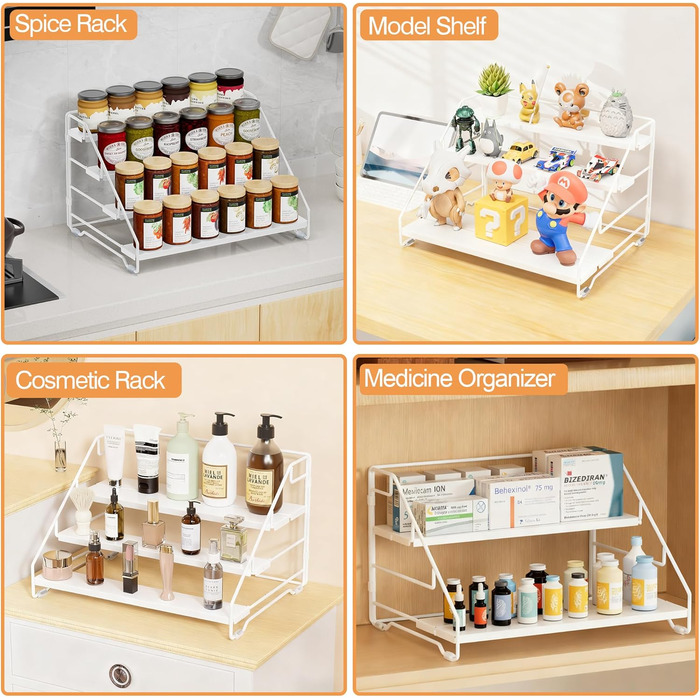 Рівнева підставка для спецій, металева підставка для спецій, регульована без свердління, тримач для спецій, органайзер для підставок для спецій для кухні, шафи та стільниці, компактна кухонна полиця (біла), 4-