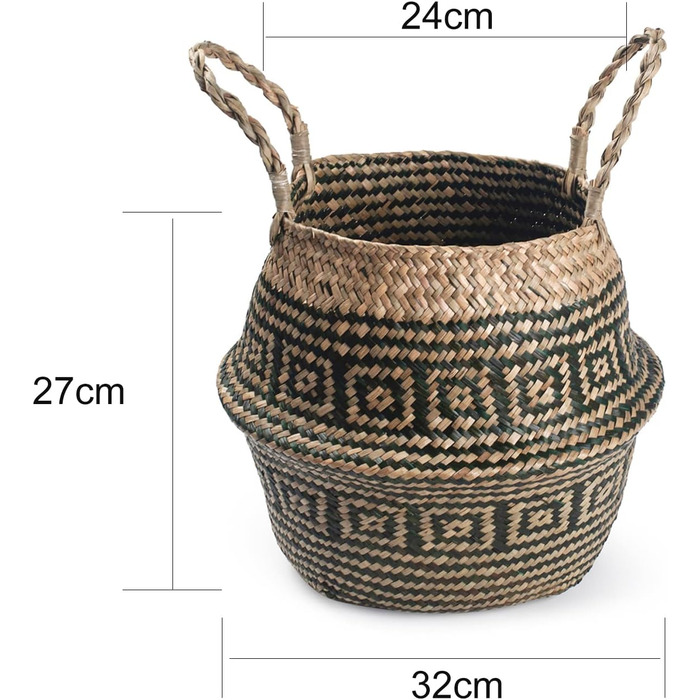 Кошик для рослин з морської трави, квітковий горщик, великий натуральний плетений кошик для білизни з ручкою для зберігання рослинних іграшок (чорна смужка), 32 x 28 см, чорна смужка