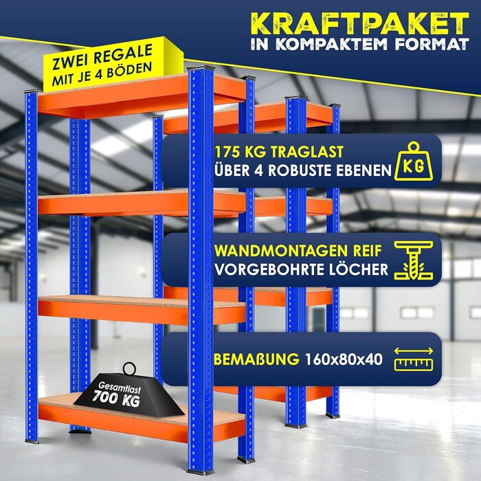 Комплект полиць для зберігання MASKO з 2 предметів, міцні стелажі, підвальні стелажі, 160x90x40 см, вантажопідйомність до 700 кг, 4 регульовані полиці, МДФ-панелі, металевий стелаж, безболтові стелажі, стелажі для майстерні, підвал, гараж, помаранчево-син