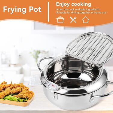 Глибокий горщик, японський горщик для смаження, японський горщик для фритюрниці темпура з термометром, маленький горщик з нержавіючої сталі з термометром, кришкою та сушаркою для картоплі фрі, креветки
