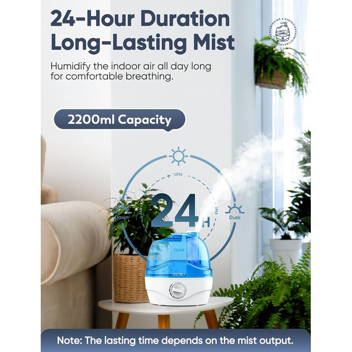 Зволожувач повітря, Зволожувач повітря для спальні 2,2 л з насадкою, що обертається на 360, Тихий на 28 дБ, Автоматичне вимкнення
