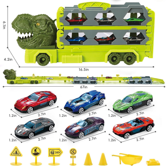 Транспортна вантажівка іграшковий автомобіль, вантажівка іграшка з 6 міні-автомобілями, дитячий гоночний трек 170см динозавр автомобіль транспортер іграшковий набір від 3 4 5 6 років хлопчиків